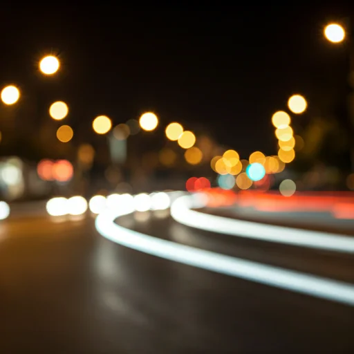 Woman walking safely at night in a well-lit urban area